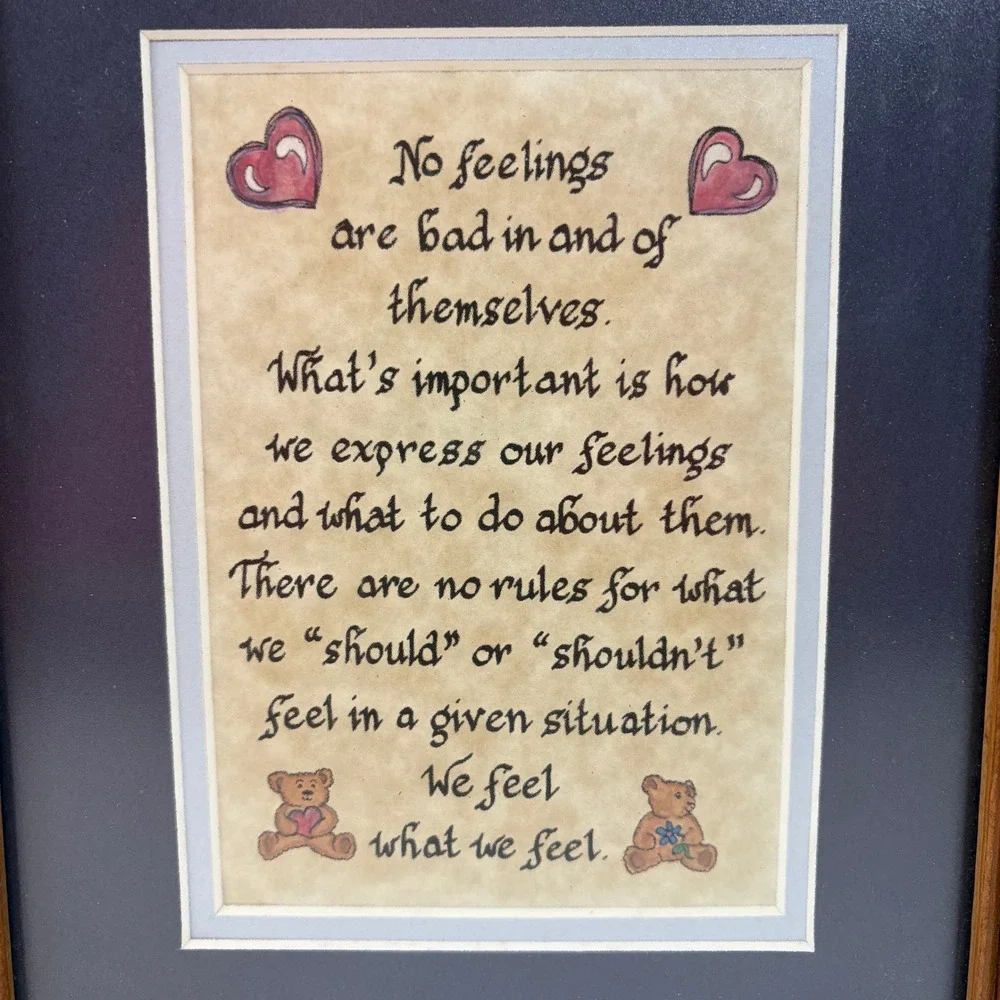 Vtg Framed Calligraphy Art We Feel What We Feel Brown Wood Frame Unbranded Good